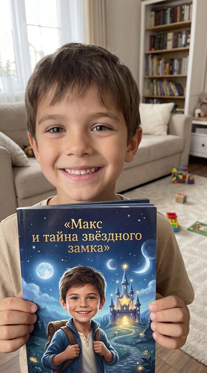 Улыбающийся мальчик держит персональную книгу «Макс и тайна звёздного замка», на обложке — его лицо в сказочной иллюстрации